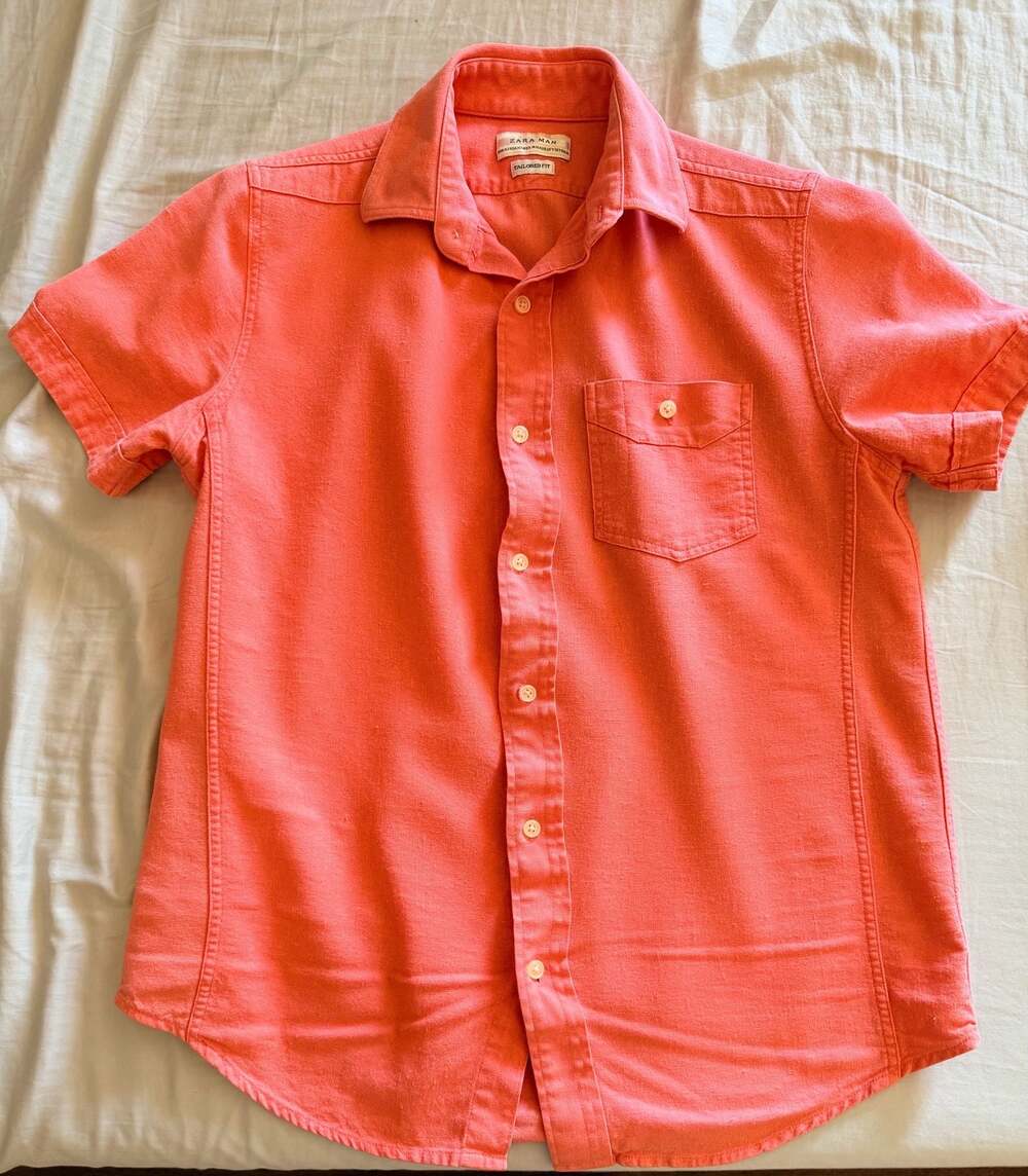 Zara Man Tailored Fit Short-Sleeve Button-Down Shirt in Coral XS